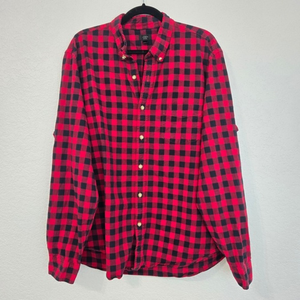 J Crew Oxford Red Black Buffalo Plaid Long Sleeve Button Up Shirt Mens XL